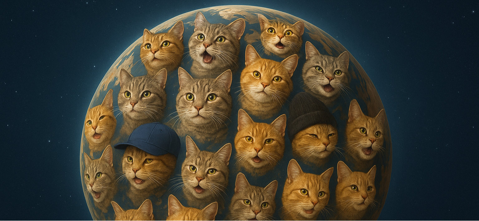 Illustration of cats covering a globe with text 'Cats That Rule The World' on a dark background